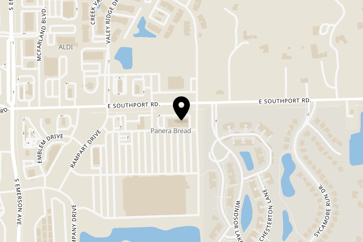 Map showing the location of Thai Bliss on 5335 E Southport Rd in Indianapolis